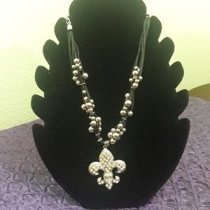 Fleur de lis pattern silver necklace CZ beaded